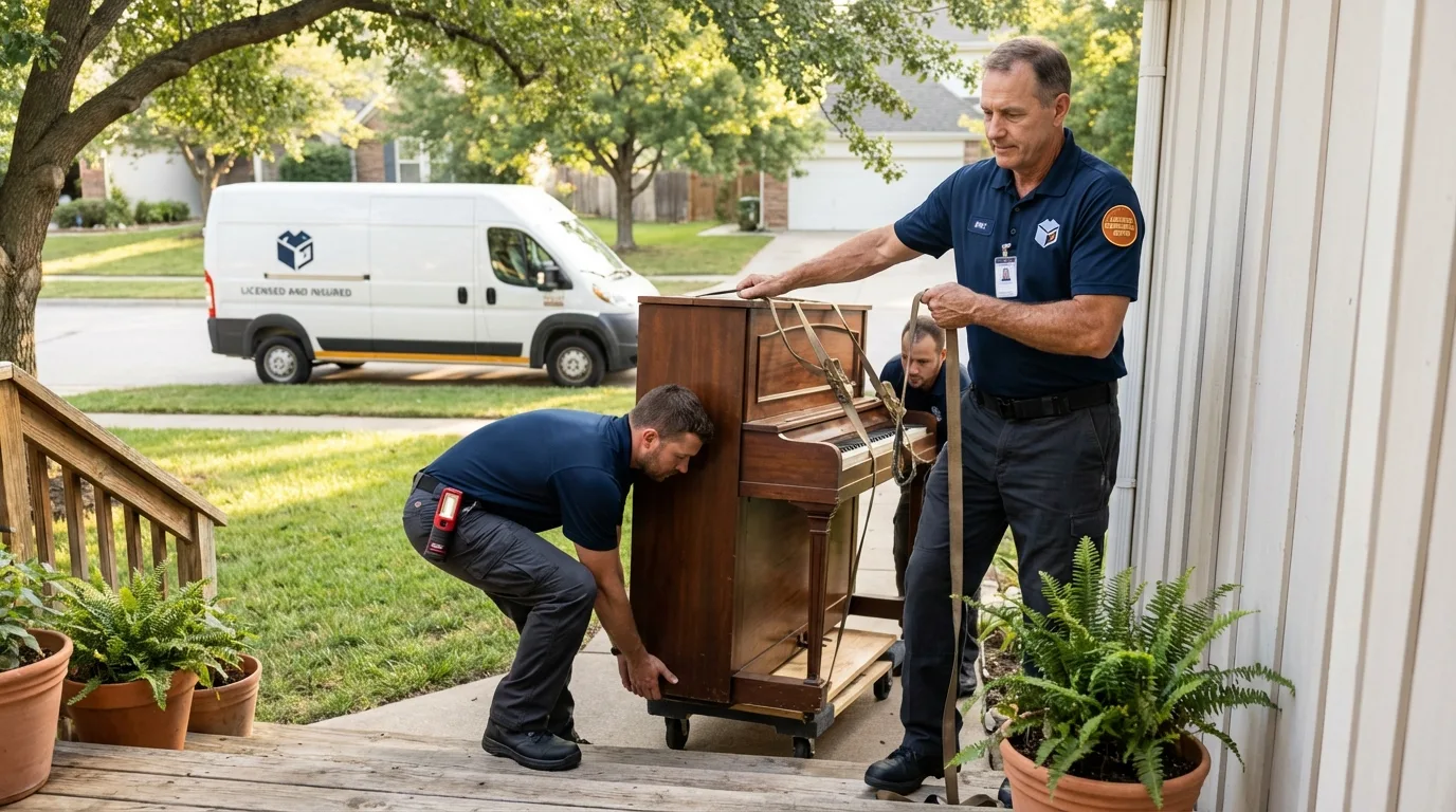 Licensed piano movers securing grand piano in Arenas Valley, NM