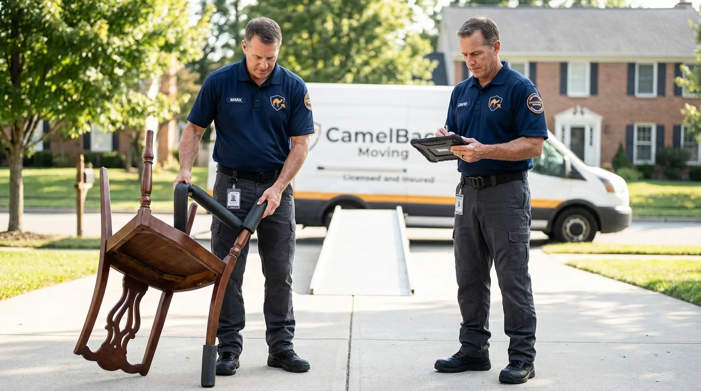 Movers inspecting furniture for damage prevention before loading in Arenas Valley, NM