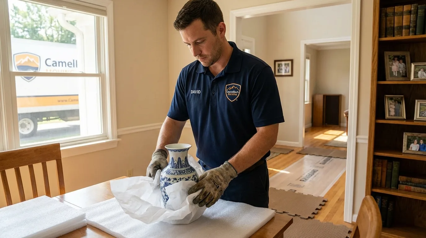 Professional crew carefully wrapping antique vase for senior downsizing move in Arenas Valley, NM