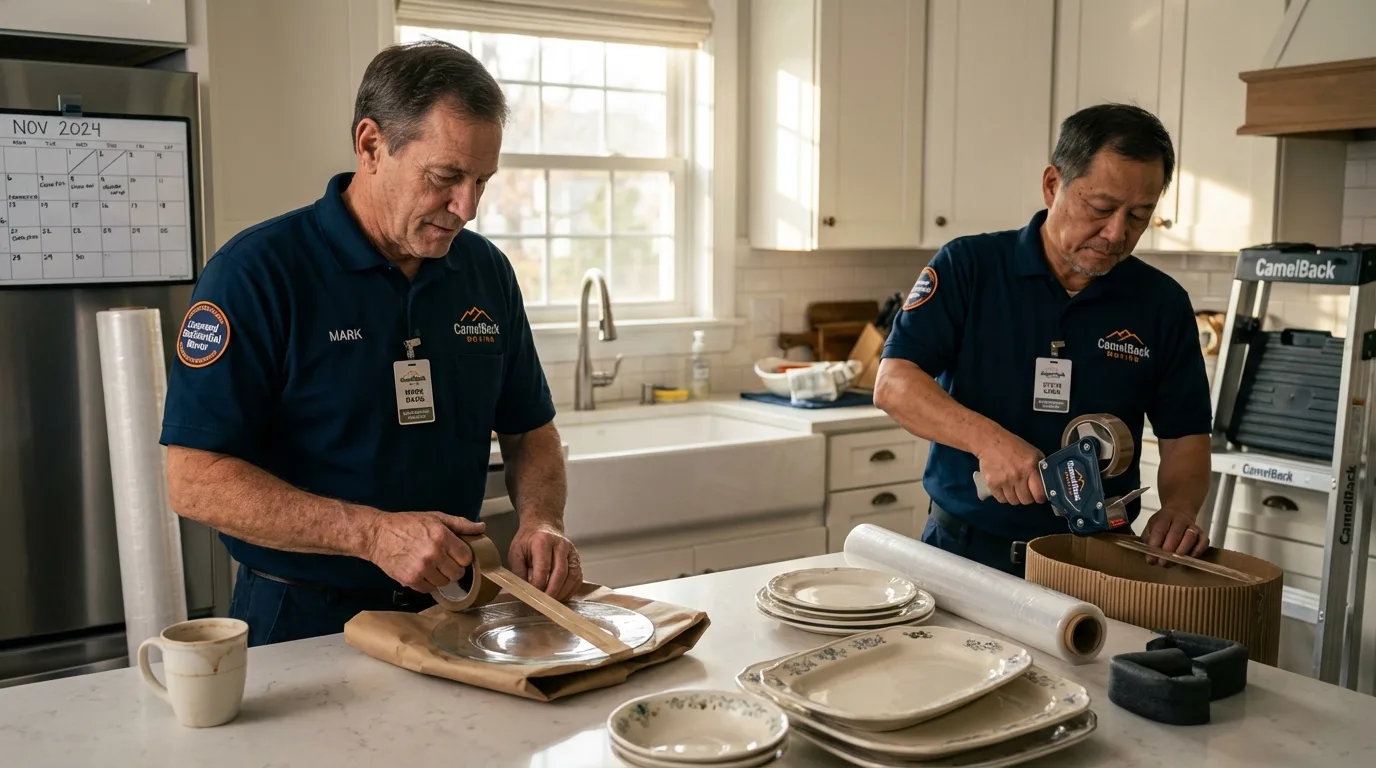 Professional crew packing kitchen dishware in Arenas Valley, NM